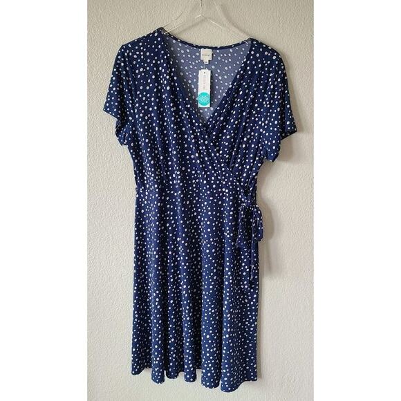 Wrap Polka Dot Short Woman Dress XXL NEW 90s Retro Stretch Blue‎ White Career - Picture 3 of 12